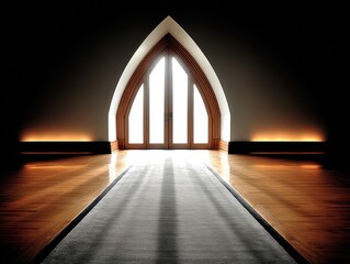 A stylish arched doorway in a dim space casts lovely shadows on the wooden floor, creating a serene vibe