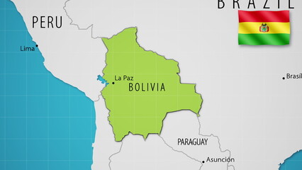 Naklejka premium Bolivia on the World Map with the country's national flag flying.