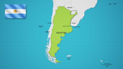 Argentina on the World Map with the country's national flag flying.