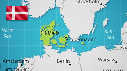 Denmark on the World Map with the country's national flag flying.