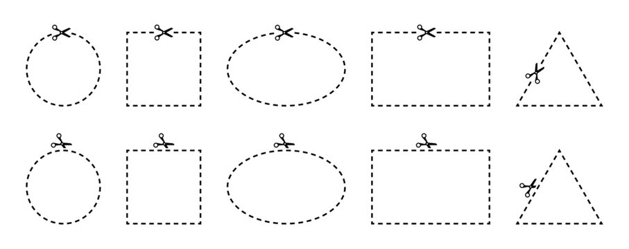 Line cut coupon with scissors. Borders with dashes of round, triangle, and rectangular shapes. Vector empty dotted frame templates for advertising design.