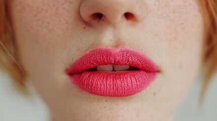 Naklejka premium Stunning close up of vibrant pink lipstick on full lips with subtle freckles and a hint of a smile radiating confidence and beauty