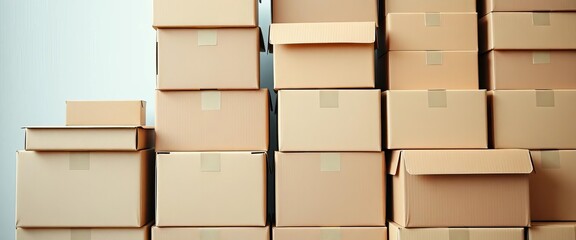 Neatly stacked cardboard boxes, various sizes, stack, rectangle