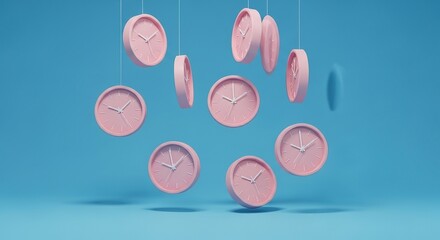 Floating pastel pink clocks suspended against a vibrant blue bac