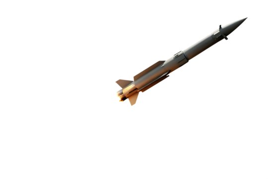 Gray missile with orange exhaust trail isolated on a transparent background rocket