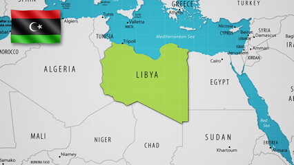 Fototapeta premium Libya on the World Map with the country's national flag flying.