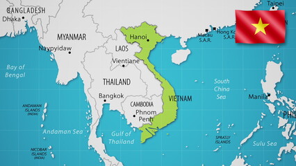 Obraz premium Vietnam on the World Map with the country's national flag flying.