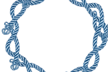 Nautical marine blue rope wreath frame with knots, circular border isolated on transparent background for invitation and sea design

