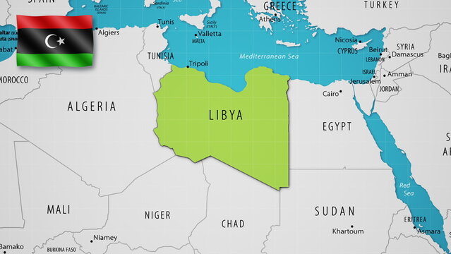 Libya on the World Map with the country's national flag flying.