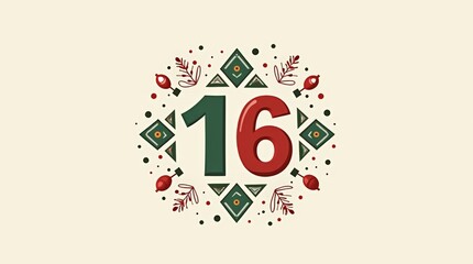 Minimalist Mexican Independence Day poster with number 16 and festive decorations red, green and white geometric accents