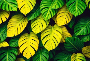 Vibrant green and yellow tropical leaves in a repeating pattern, jungle, seamless
