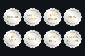 Elegant Promotional Badge Sticker Set with VIP, Exclusive, Sale, New, Best Quality, Top Rated Guaranteed Labels
