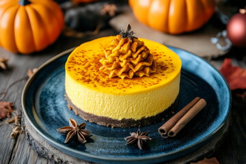 Delicious pumpkin cheesecake with decorative topping and spices on a rustic wooden table