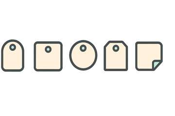 Blank price tags and labels in various shapes with rounded corners and holes for attachment, ideal for retail and e-commerce design