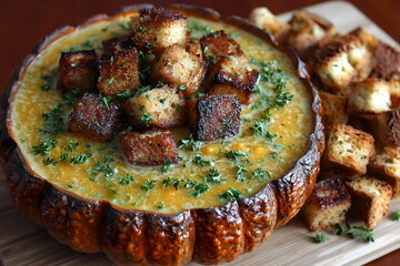 Delicious pumpkin soup served in a roasted pumpkin with crispy croutons on the side