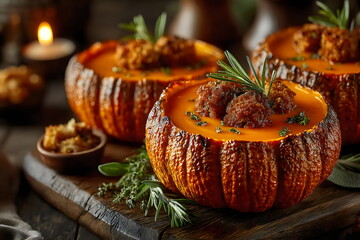 Warm pumpkin soup served in roasted pumpkin bowls with herbs and seasoning