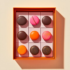 Colorful assortment of macarons displayed in a vibrant gift box on a sunny background