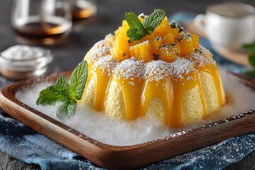 Delicious mango mousse dessert served on a wooden platter with mint leaves and coconut flakes