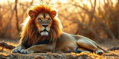 A majestic lion rests in the sun, its mane full and golden,  feline,  golden