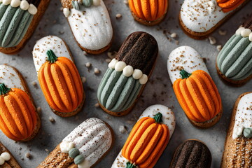 Colorful pumpkin-shaped desserts arranged on a gray table with decorative toppings during autumn season celebration