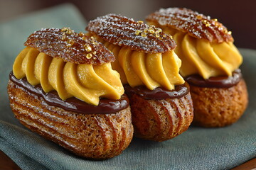 Delightful pastry treats with creamy frosting and rich chocolate glaze on a green plate