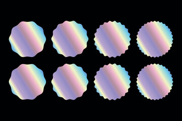 Holographic sticker. Hologram labels in circle shapes. Holographic iridescent shiny textured stickers for product guarantee and quality. Vector set