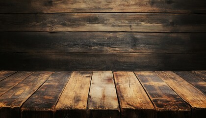 The image shows a rustic wooden surface with dark brown planks, set against a backdrop of a similar dark wood wall.