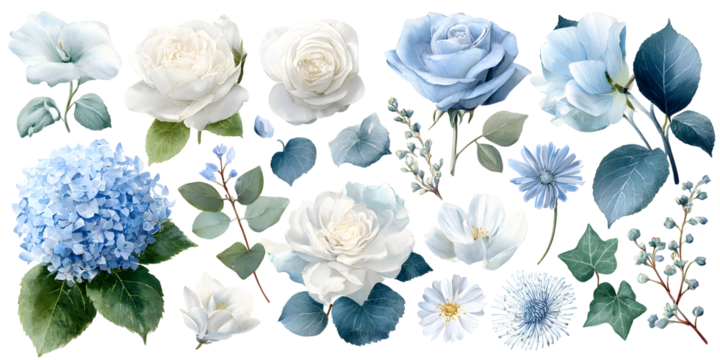 Watercolor blue and white flower set, floral leaves and bouquet arrangement isolated on transparent background for decor and wedding design
