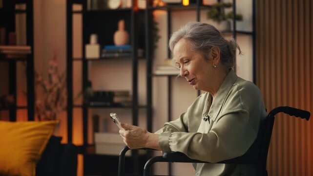 Cheerful senior woman in wheelchair talking with children via video phone call