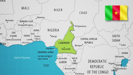 Cameroon on the World Map with the country's national flag flying.