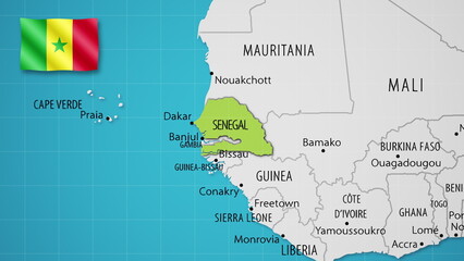 Senegal on the World Map with the country's national flag flying.