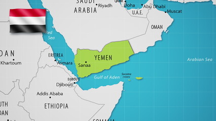 Yemen on the World Map with the country's national flag flying.