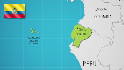 Ecuador on the World Map with the country's national flag flying.