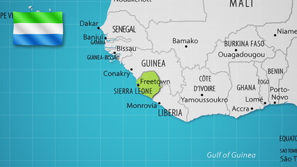 Sierra Leone on the World Map with the country's national flag flying.