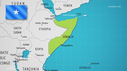 Somalia on the World Map with the country's national flag flying.
