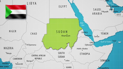 Sudan on the World Map with the country's national flag flying.