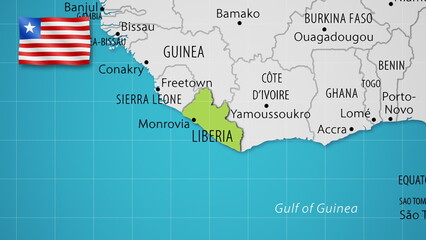 Liberia on the World Map with the country's national flag flying.