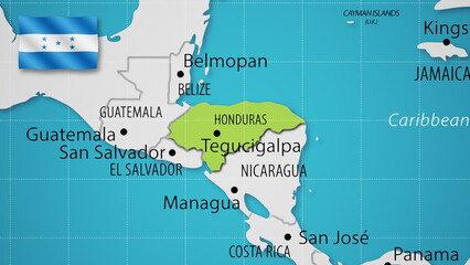 Honduras on the World Map with the country's national flag flying.