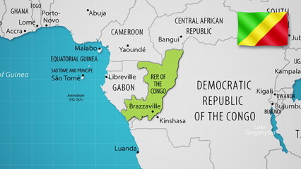 Republic of the Congo on the World Map with the country's national flag flying.