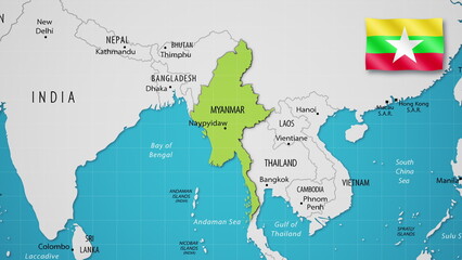 Myanmar on the World Map with the country's national flag flying.