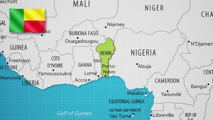 Benin on the World Map with the country's national flag flying.