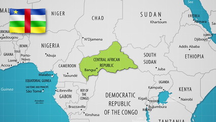 Central African Republic on the World Map with the country's national flag flying.