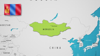 Mongolia on the World Map with the country's national flag flying.