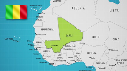 Mali on the World Map with the country's national flag flying.