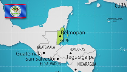 Belize on the World Map with the country's national flag flying.