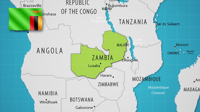 Zambia on the World Map with the country's national flag flying.