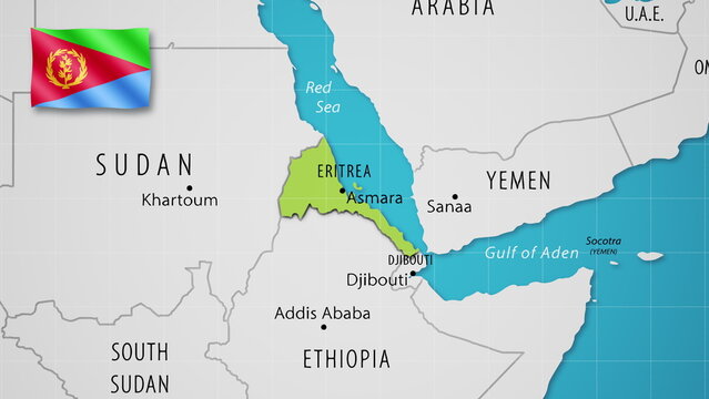 Eritrea on the World Map with the country's national flag flying.
