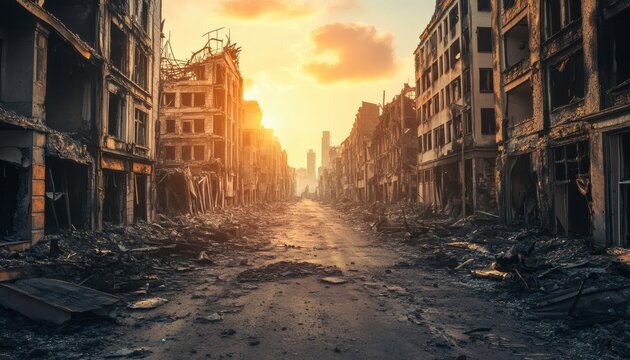 The image shows a city street after a catastrophic event, with ruined buildings and debris covering the ground, all under an orange sunset sky.