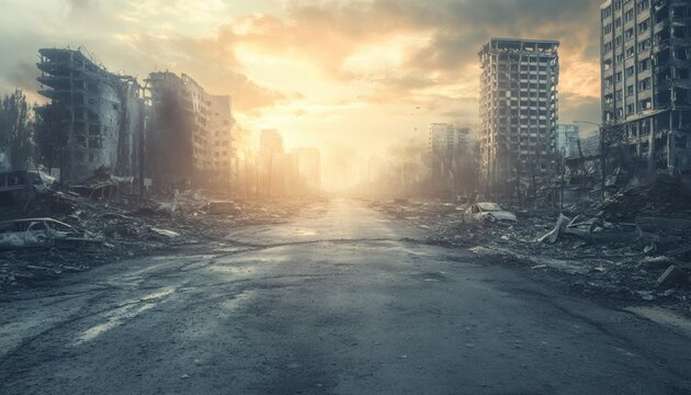 The image depicts a city street after a catastrophic event, with destroyed buildings and numerous wrecked cars lining the road, all under an apocalyptic sunset.