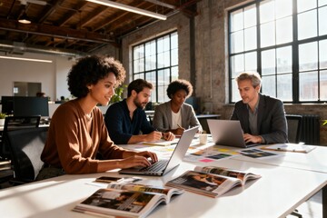 Creative team collaborating around layouts in loft